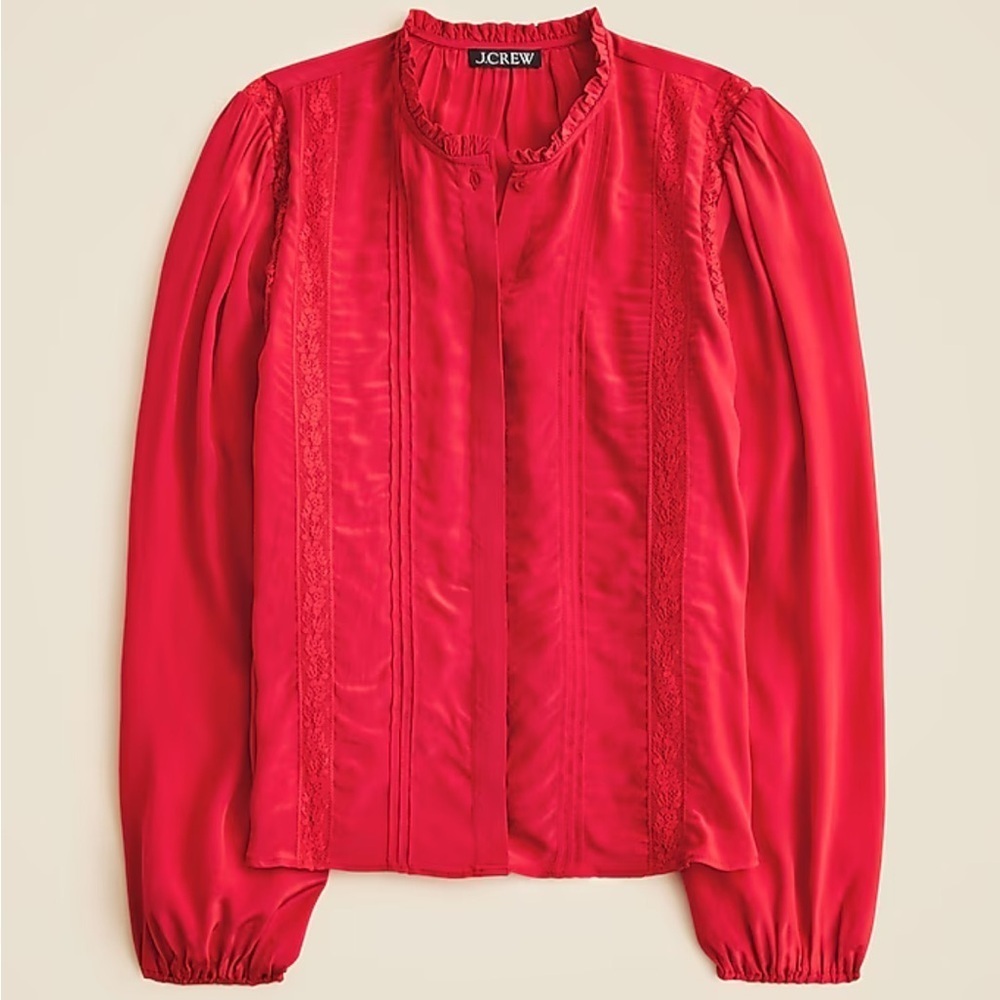 J crew vintage ruby Lace-trim pintuck top in crepe de chine